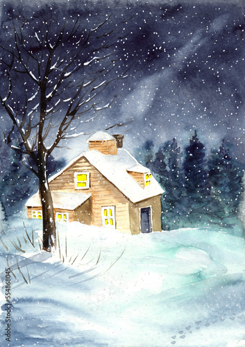 Watercolor illustration of a winter snowy landscape with a wooden house with luminous windows, a coniferous forest and a snow-covered meadow © Мария Тарасова