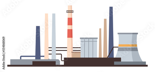 Gas production industry, factory with pipes and technologies for petroleum and oil extraction. Pipeline and station controlling pressure, oil patch. Vector in flat style