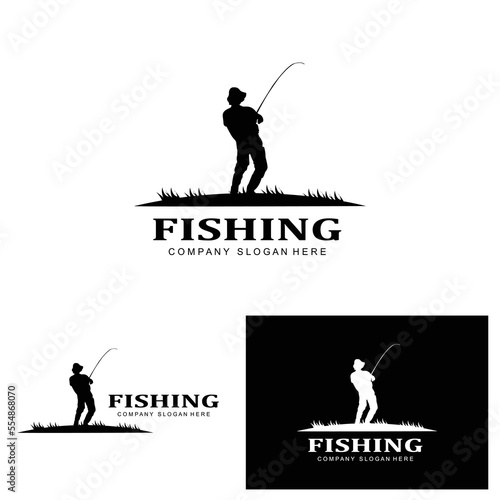 fishing logo icon vector, catch fish on the boat, outdoor sunset silhouette design