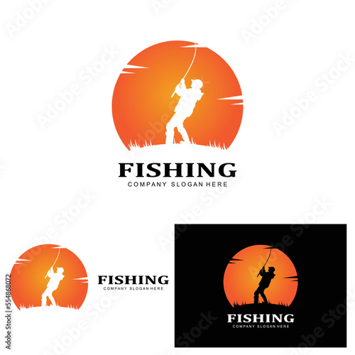 fishing logo icon vector, catch fish on the boat, outdoor sunset silhouette design