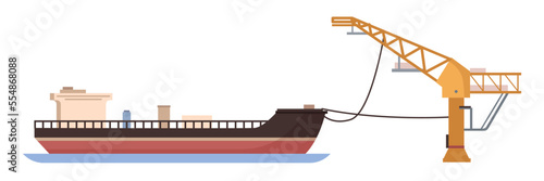 Oil and gas industry, production and transportation of petroleum. Isolated ship waiting for cargo. Pumps and pipelines with petrol. Vector in flat style