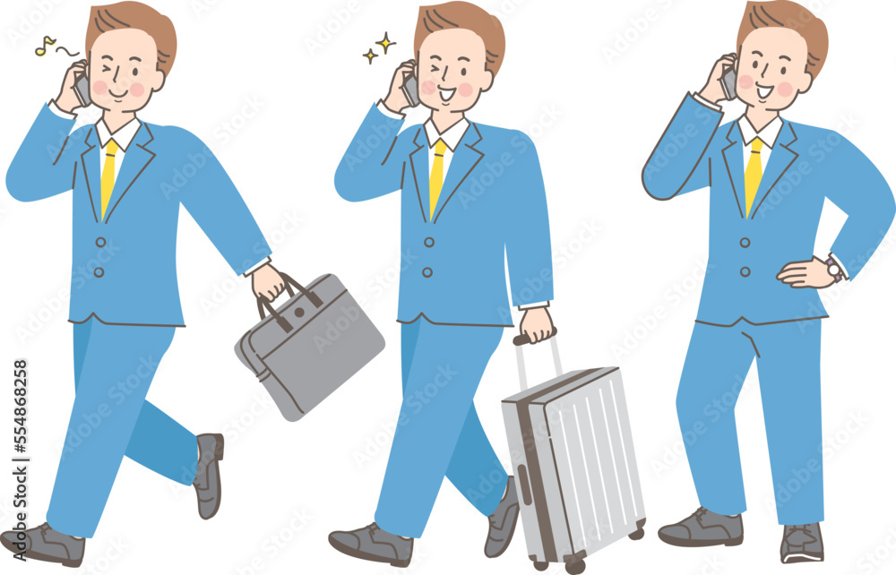 スマホを持って出張するスーツ姿の男性イラストセット