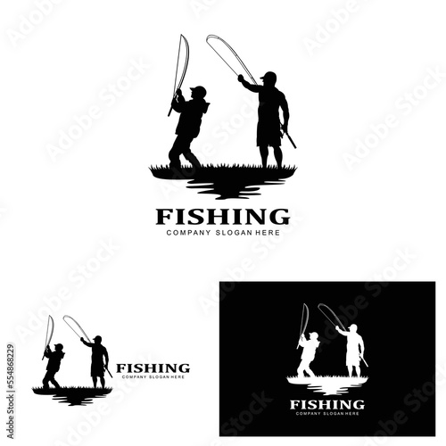 fishing logo icon vector, catch fish on the boat, outdoor sunset silhouette design