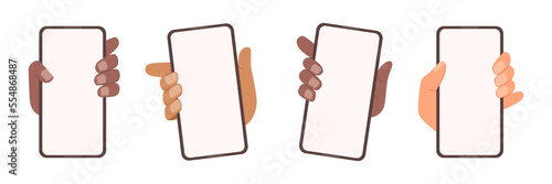 Hand holding mobile phone vertically with blank screen, vector flat cartoon illustration. Female and male palm is touching smartphone display with thumb finger. Mobile phone empty display