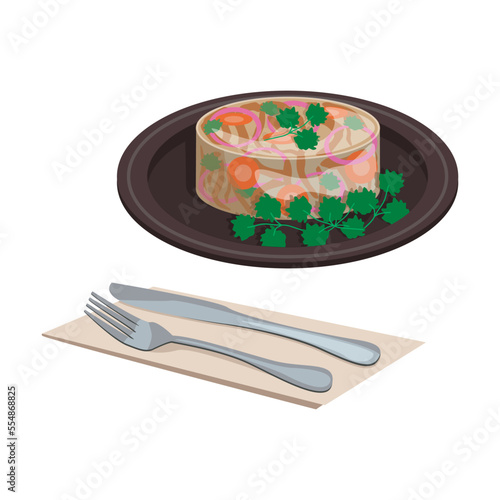 Russian national food. Aspic. Meat broth in the form of jelly with pieces of meat and vegetables.  Vector graphic.	