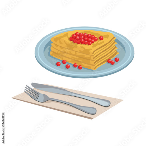 Russian national food. Pancakes with red caviar. Liquid dough, grilled on the pan. Vector graphic.	