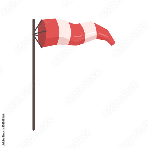 Wind cone on pole for airport ground, blowing striped airsocks in red and white colors. Vector flat cartoon illustration of windsock direction chart. Wind force and speed indication striped flagpole