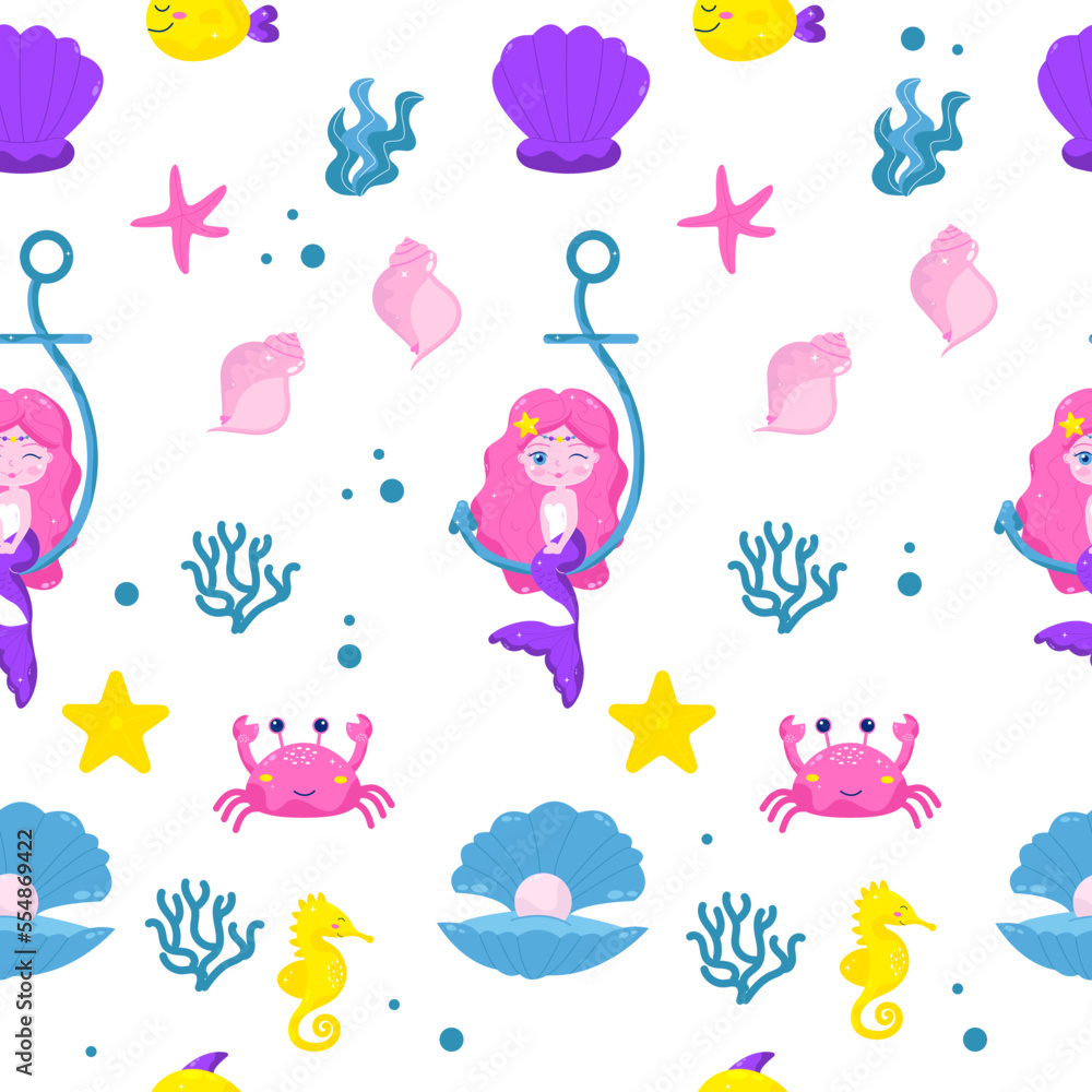 Seamless mermaid pattern and underwater world in cartoon style. Vector