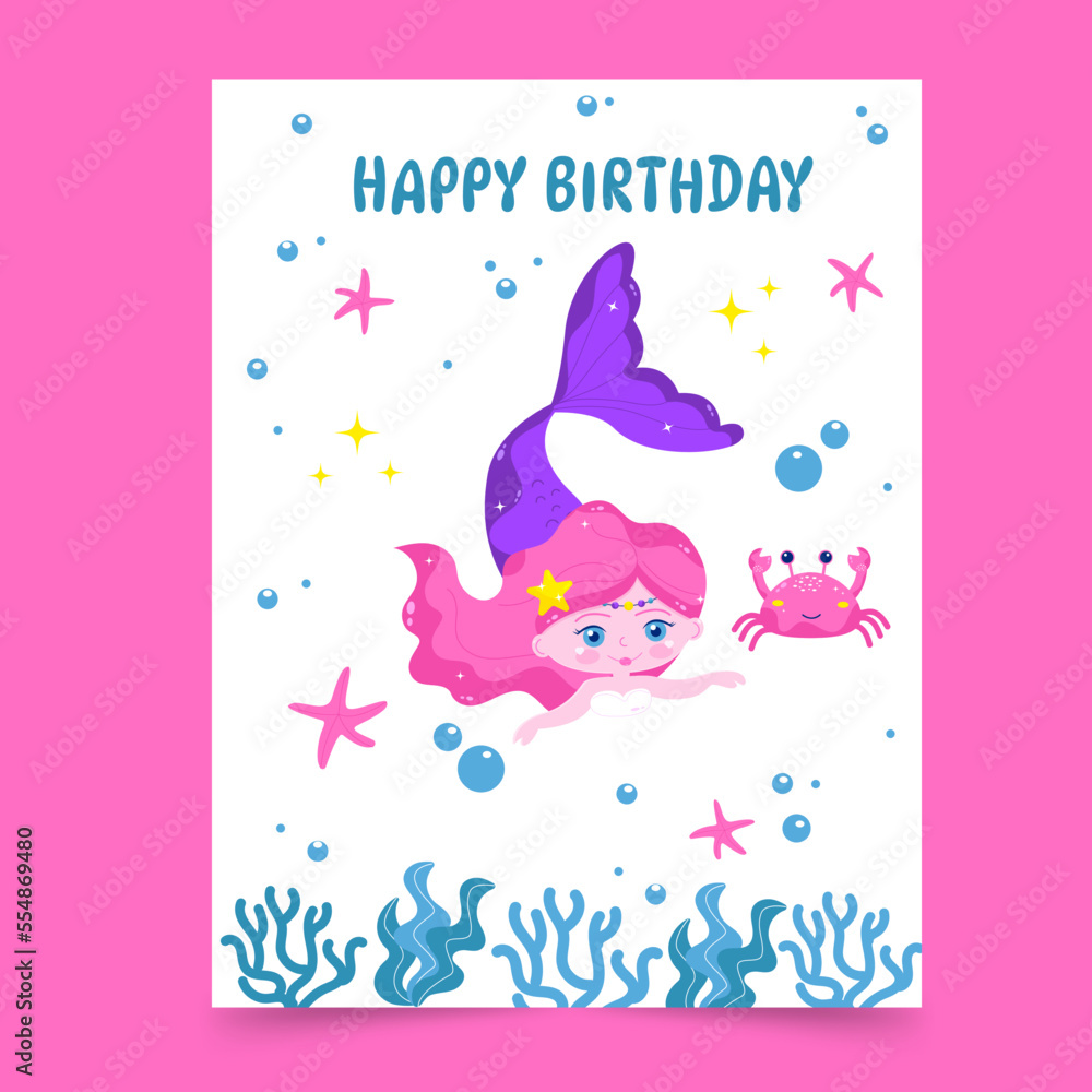 Happy birthday card mermaid with crab. Vector Happy birthday card mermaid with crab. Vector