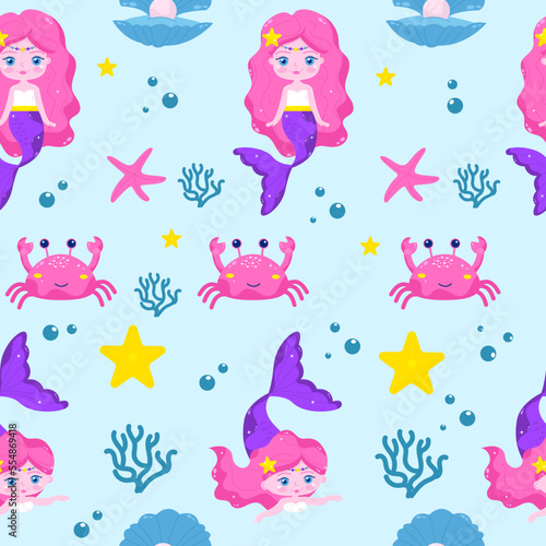 Seamless mermaid pattern in cartoon style. Vector © Elena