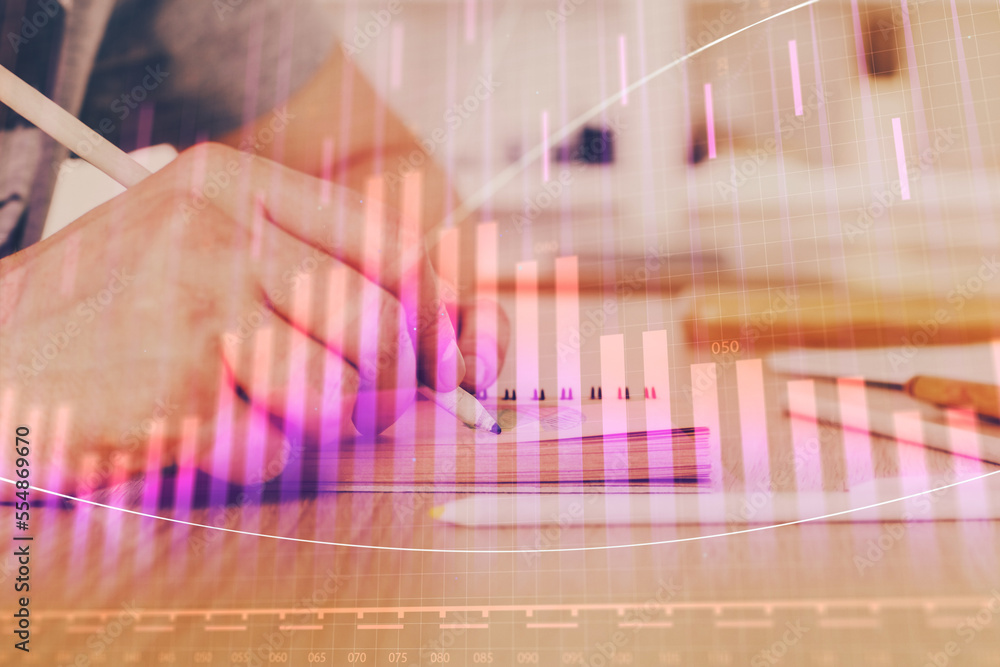 Multi exposure closeup hands with stock market forex graph. Multi exposure closeup hands with stock market forex graph.