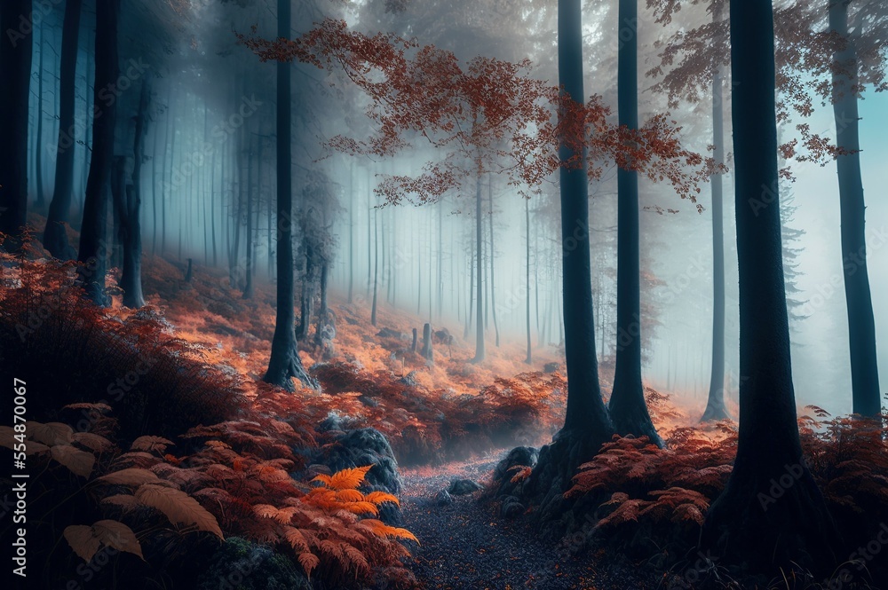 Autumn landscape and forest with fog,nature 