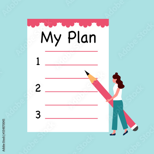 Woman writing life plan on paper note in flat design. 