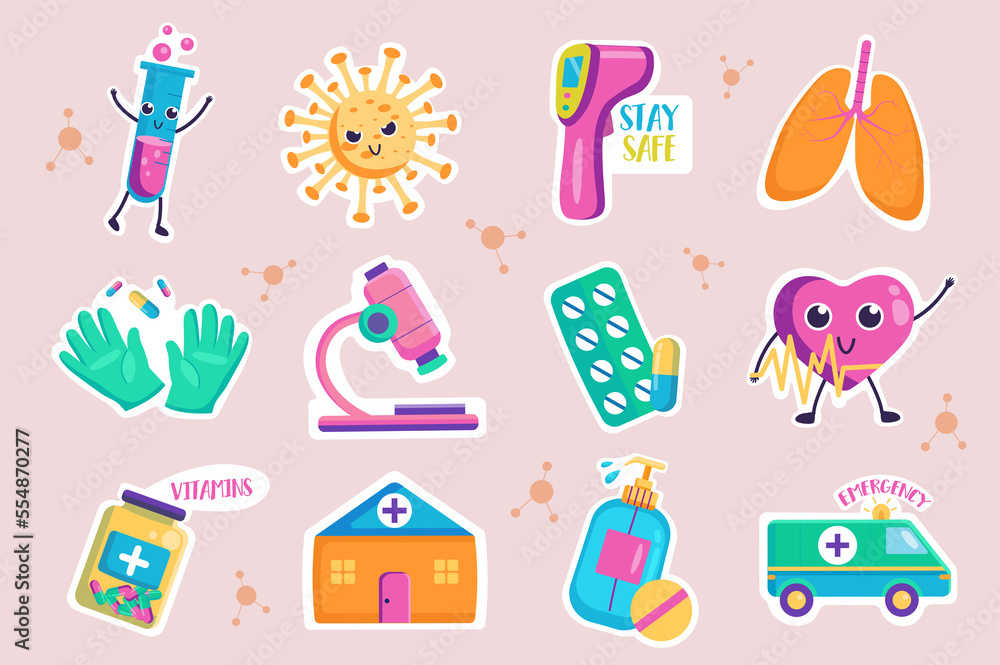 Medicine stickers set. Bundle of test tube, virus, thermometer, gloves, microscope, pills, heart, vitamins, hospital and other badge. Illustration with isolated printed material in flat design
