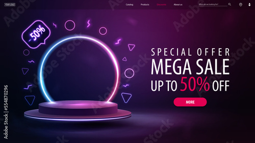 Special offer, mega sale, discount web banner with offer and empty podium floating in the air with line gradient neon ring on background.