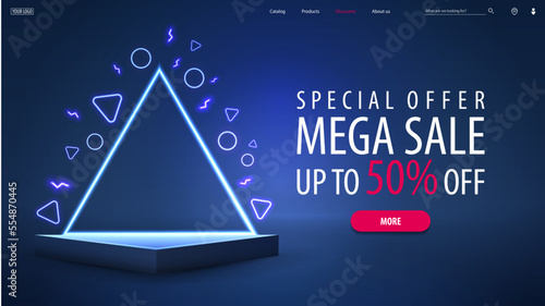 Special offer, mega sale, blue discount banner with offer and empty triangular podium with neon triangular frame on background