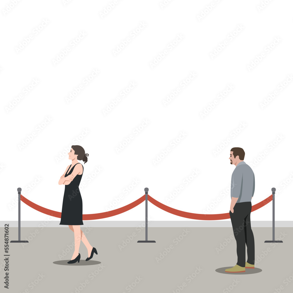Fototapeta premium Man looking at a woman of his life from far and fall in love from the first sight. Woman walking from side view. Man hands in pocket. Flat vector illustration isolated on white background
