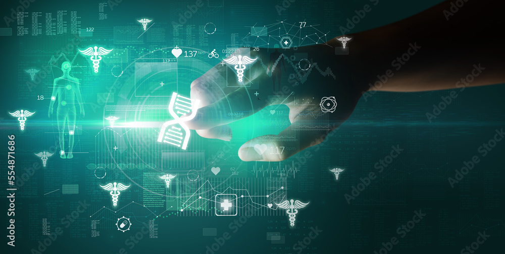 Doctor hand pressing futuristic health device with medical symbol on screen Doctor hand pressing futuristic health device with medical symbol on screen