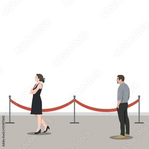 Man looking at a woman of his life from far and fall in love from the first sight. Woman walking from side view. Man hands in pocket. Flat vector illustration isolated on white background