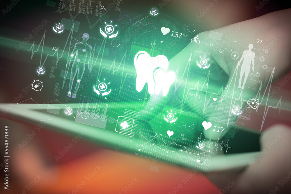 Close-up of a touchscreen with healthcare icons Close-up of a touchscreen with healthcare icons