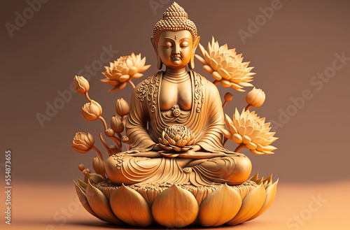 Buddha golden statue decorated with lotus blossoms. Postproducted generative AI digital illustration. photo