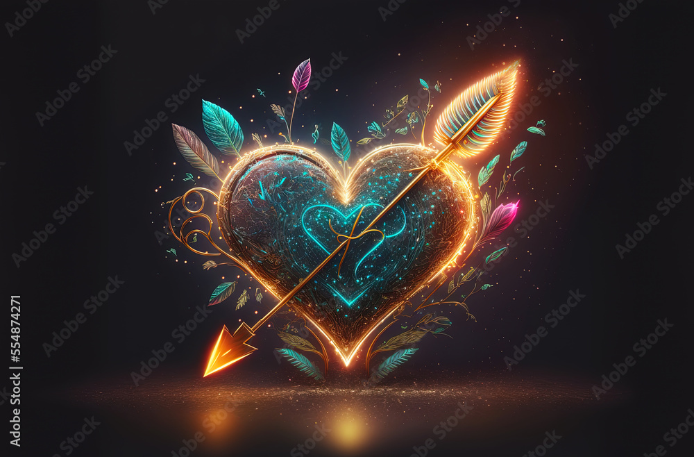 Neon heart sign with arrow and floral motifs on dark background. Postproducted generative AI digital illustration.