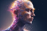 Men's face covered by artistic colorful particles. Postproducted generative AI digital illustration.