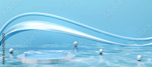 Blue cylinder podium with water surface texture on blue background.  Stand to show products. Fresh ocean water pedestal display with copy space. Banner size. Website cover template. 3D rendering.