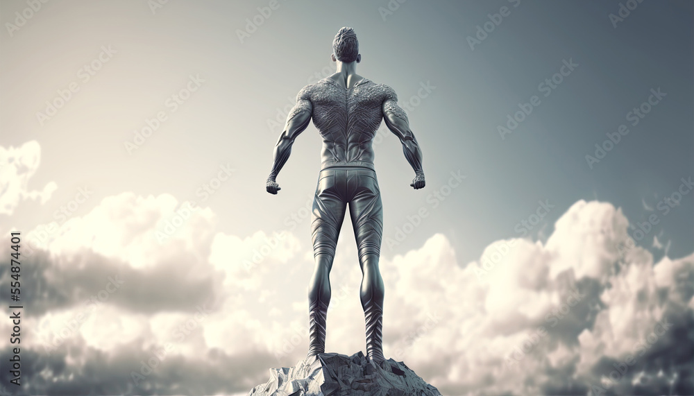 Silver statue of strong man standing on rock and clear sky on background. Postproducted generative AI digital illustration. Silver statue of strong man standing on rock and clear sky on background. Postproducted generative AI digital illustration.