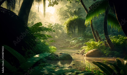 A beautiful fairytale enchanted rainforest with sunbeams. Enchanted tropical rain forest. Digital art 
