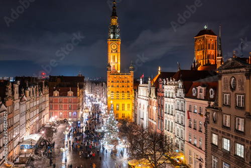 Christmas tree and decorations in the old town of Gdansk at dusk, Poland