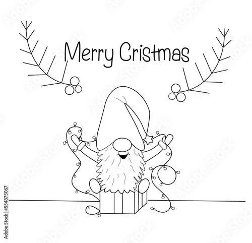 Coloring book pages for kids and adults. Merry Christmas. The Christmas gnome sits on a gift, with a garland in his hands. Vector.