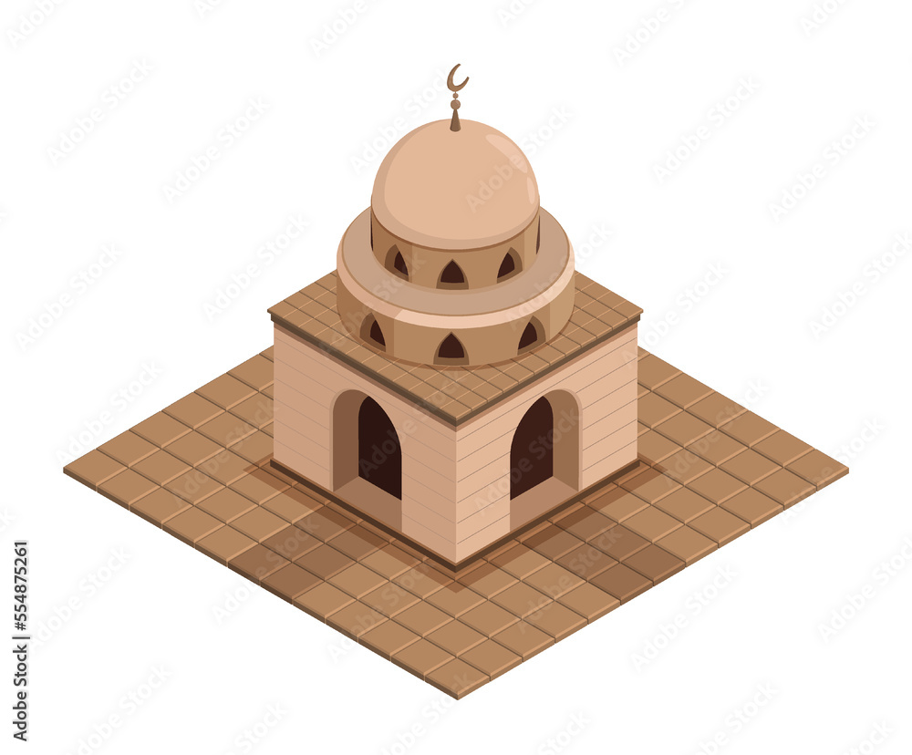 Ancient temple, isometric muslim mosque with stone walls, dome and crescent symbol on top. Religious building for prayers flat. Realistic 3D vector isolated on white background