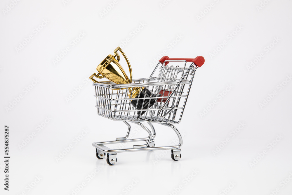 Shopping cart with a trophy inside