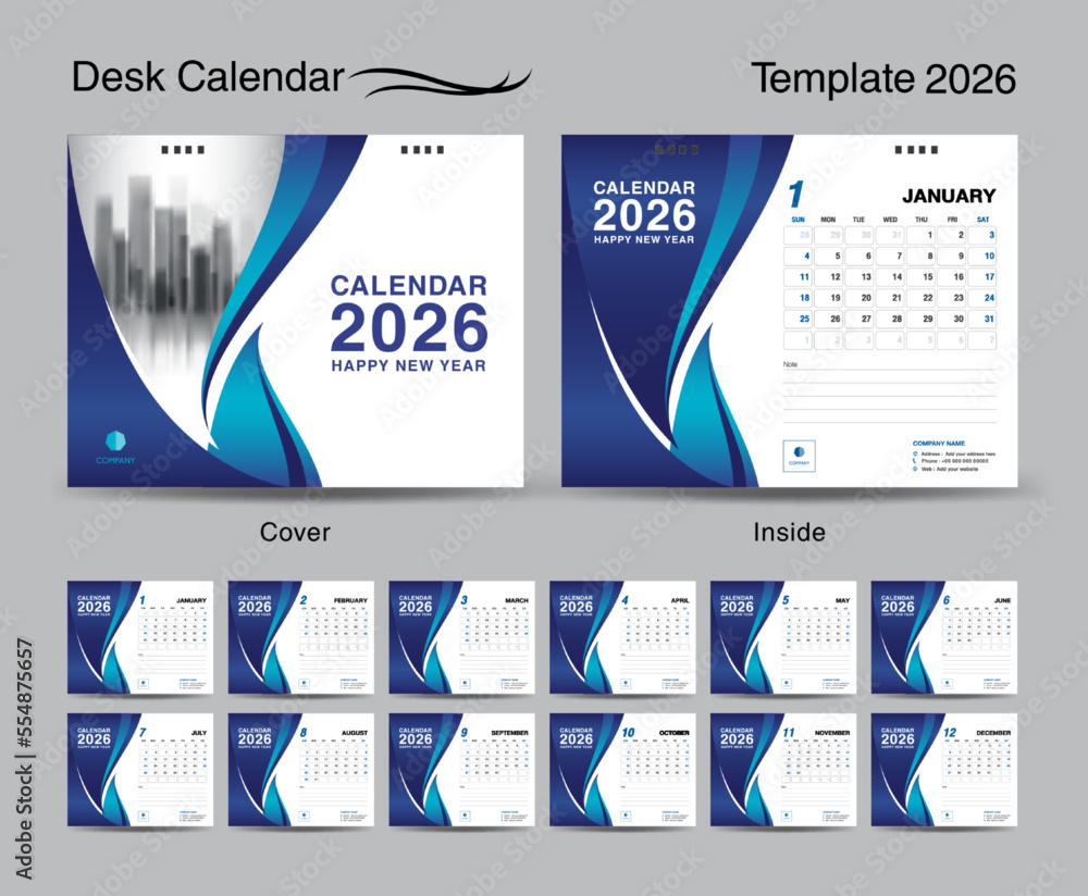 Desk Calendar 2026 template set and Blue wave cover design, Set of 12 ...