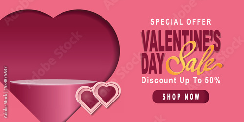 Happy Valentine's Day Sale Poster or banner with heart symbol and product podium on pink background. Promotion and shopping template for love and Valentine's day concept