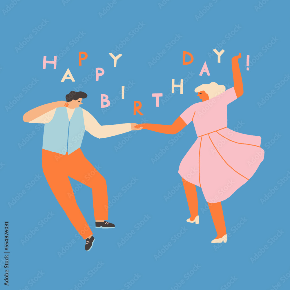 Young people dancing swing dance. Birthday card with happy cartoon