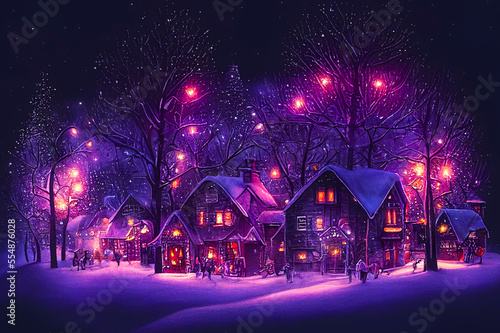Christmas village with snow. Winter village landscape. Christmas holidays. Snow-covered town. Generative ai illustration