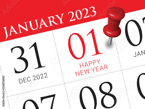 Close up of first day of the year 2023 on diary calendar, simple and clean design vector. 
