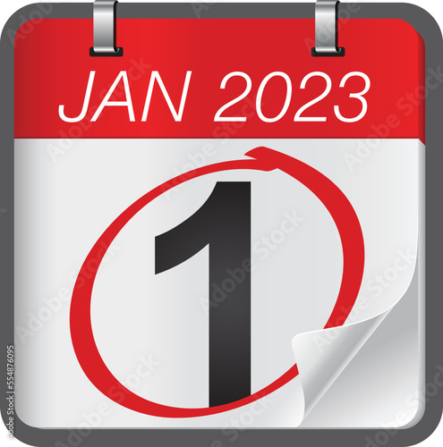 Close up of first day of the year 2023 on calendar. New year is the first day of the year in the Gregorian calendar.
