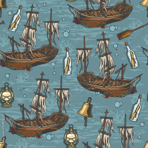 Sunken ship colorful seamless pattern