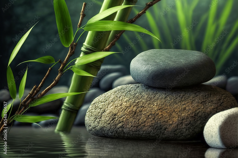 Obraz premium Relaxing wellness background with stones and bamboo. Generative AI.