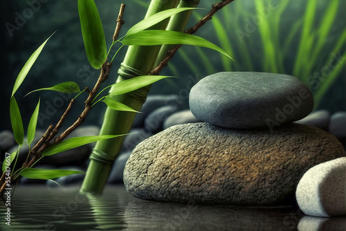 Relaxing wellness background with stones and bamboo. Generative AI.