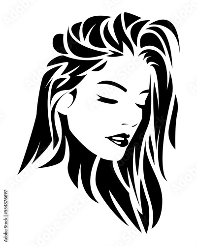 black and white illustration of a beautiful woman's face with abstract wavy long hair. facing side. isolated white background. vector flat illustration.
