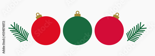 Christmas baubles and fir branches decoration isolated on white background.