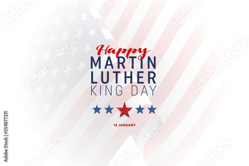 Martin Luther King Jr Day greeting card - horizontal blue and red background banner with US flag. Vector Illustration.