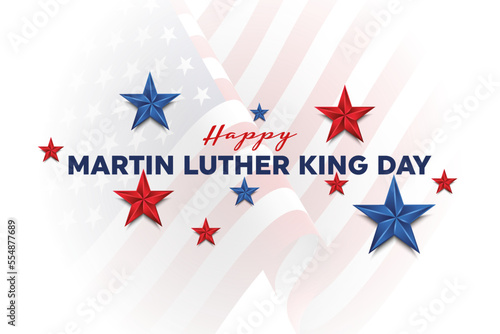 Martin Luther King Jr Day greeting card - horizontal blue and red background banner with US flag. Vector Illustration.
