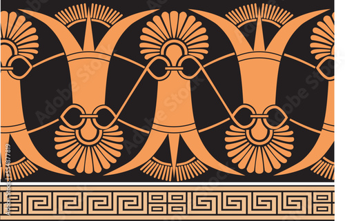 Greek Borders. Greek seamless pattern. Ornamental border background. Repeat modern ornament. Tribal ethnic style isolated design on white. Abstract patterned ornate backdrop. Greek key, meanders.

