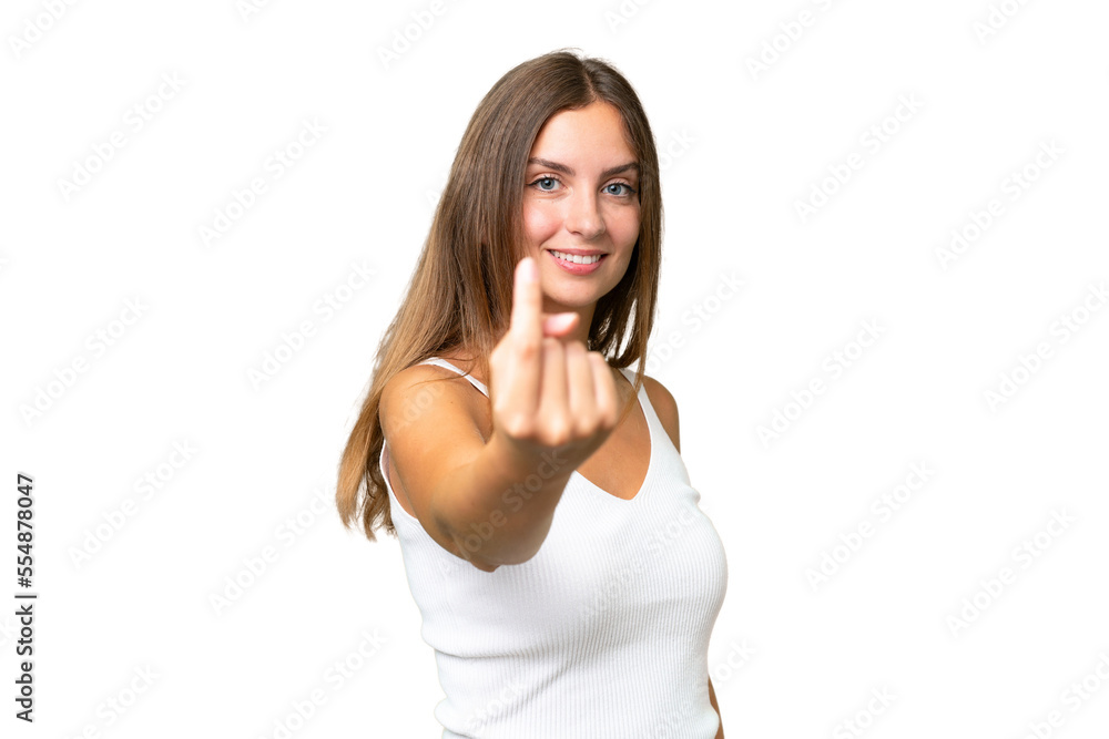 Young pretty woman over isolated background doing coming gesture Young pretty woman over isolated background doing coming gesture