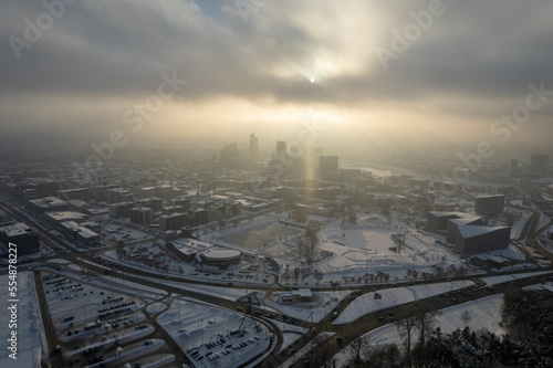 Aerial winter snowy day view of frozen Vilnius, Lithuania